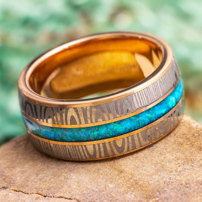 Damascus Steel Ring in Rose Gold